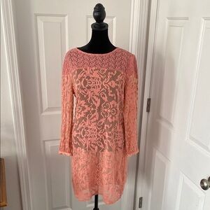 Sundance Silk Coral Sheath Dress with Long Sleeves.